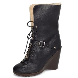 UGG Collection Caprera Black Leather Booties Sheepskin Lining 4" Wedge Boots